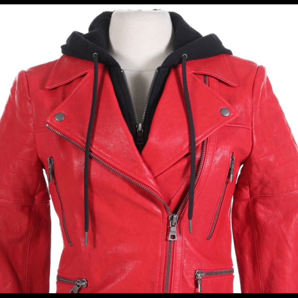 COPY - AO LA Alex + Olivia Italian Leather Motorcycle Jacket with Attached Hood…